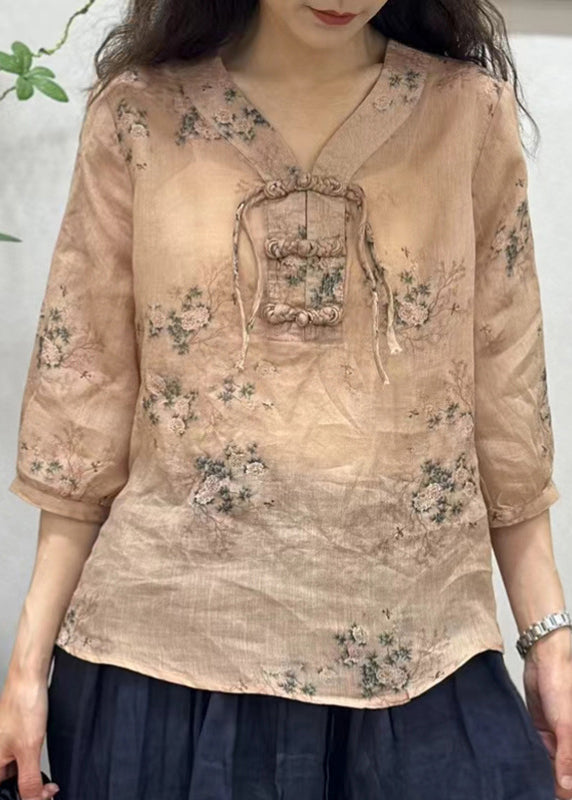 Pink Chinese Button Print Linen Shirt Half Sleeve