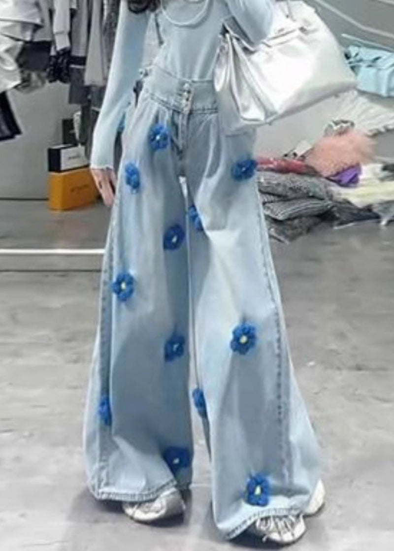 Modern Black Button High Waist Denim Wide Leg Pants Fall