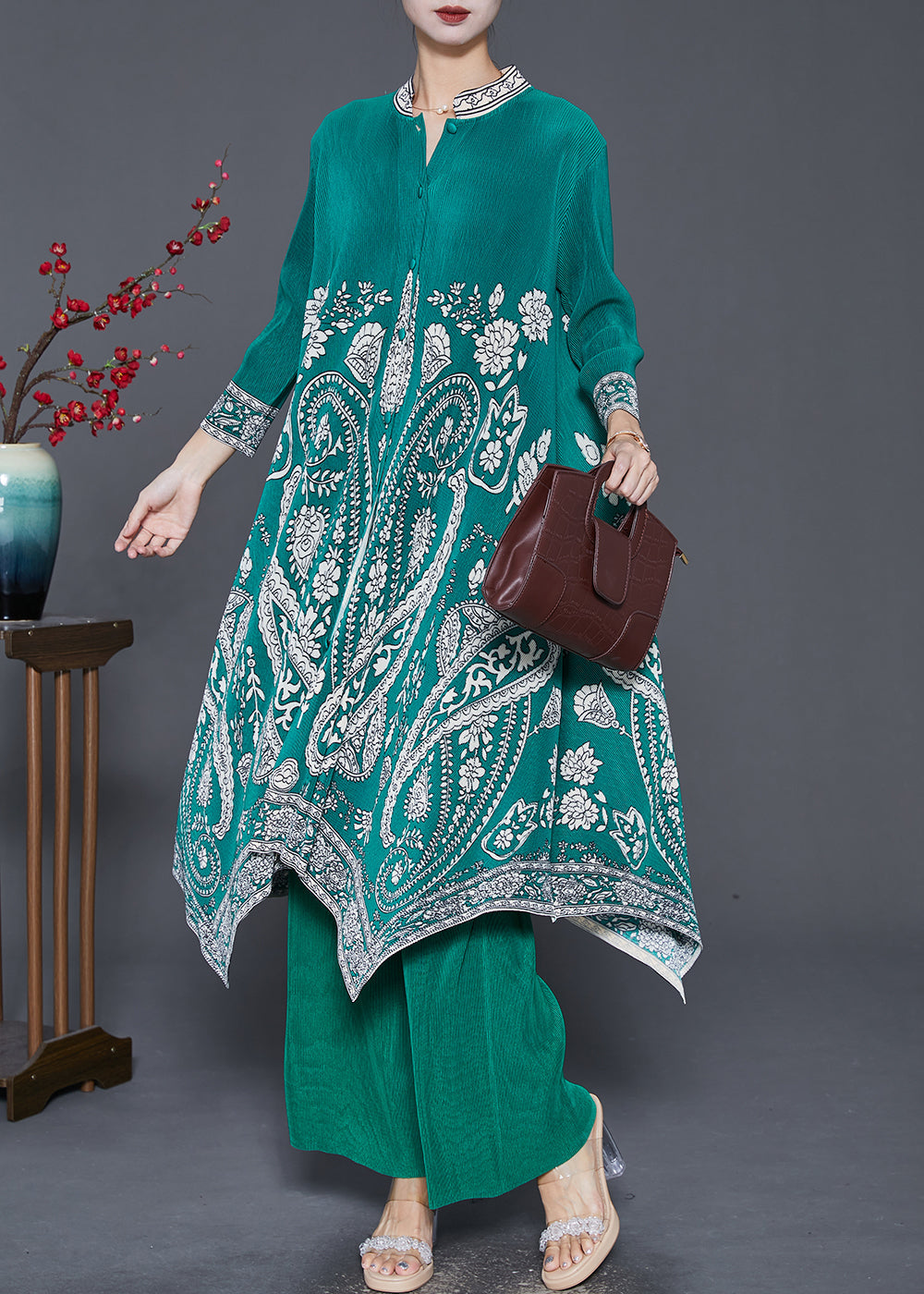 Diy Green Asymmetrical Print Silk Dress and Pant Two Pieces Set Fall