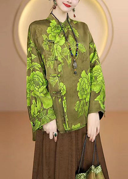 Chinese Style Green Stand Collar Jacquard Silk Shirt Top Fall