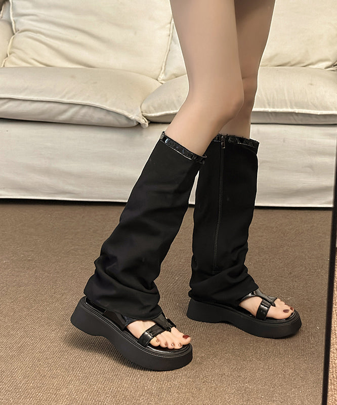 Khaki Platform Denim Hollow Out Thong Sandals Boots