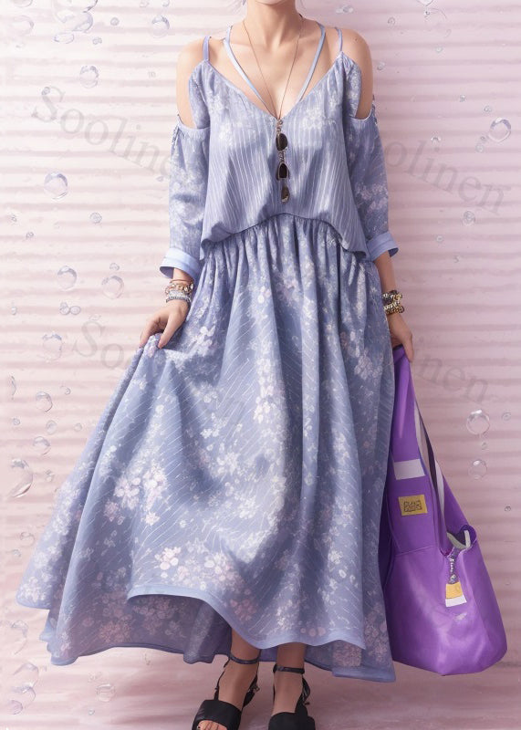 Italian Light Blue Cold Shoulder Print Silk Long Dresses Summer