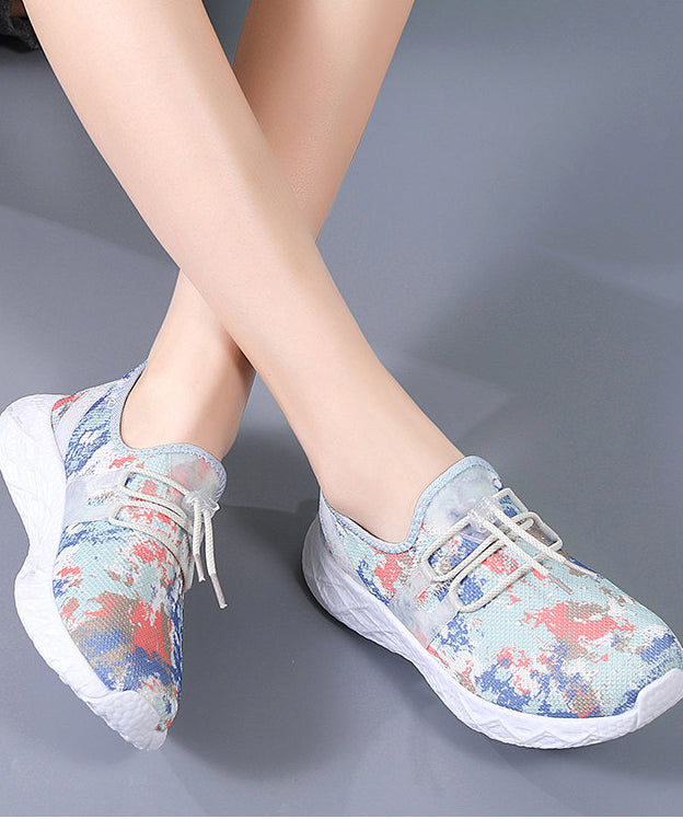 Lace Up Flat Shoes Red Print Knit Fabric