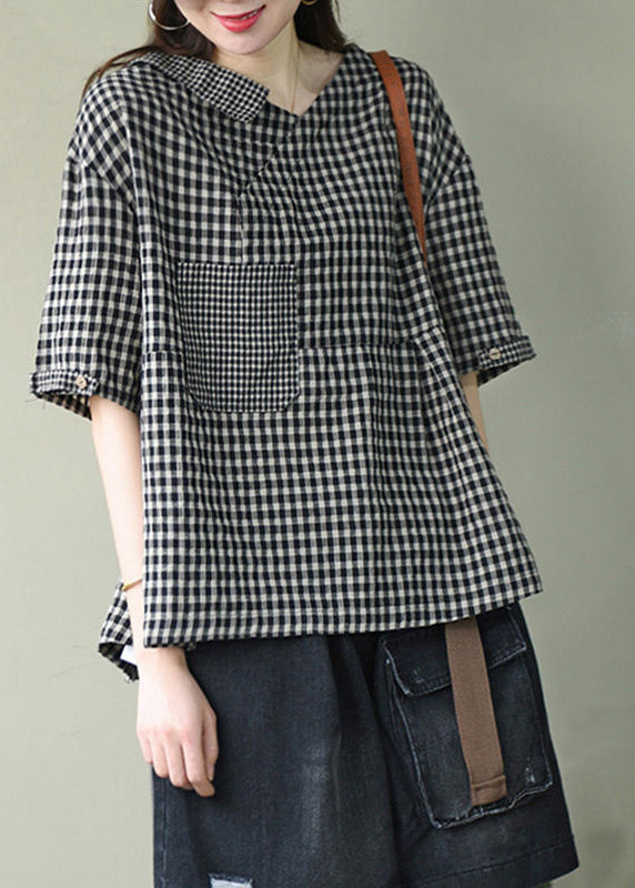Black Asymmetrical Design V Neck Linen Tops Short Sleeve
