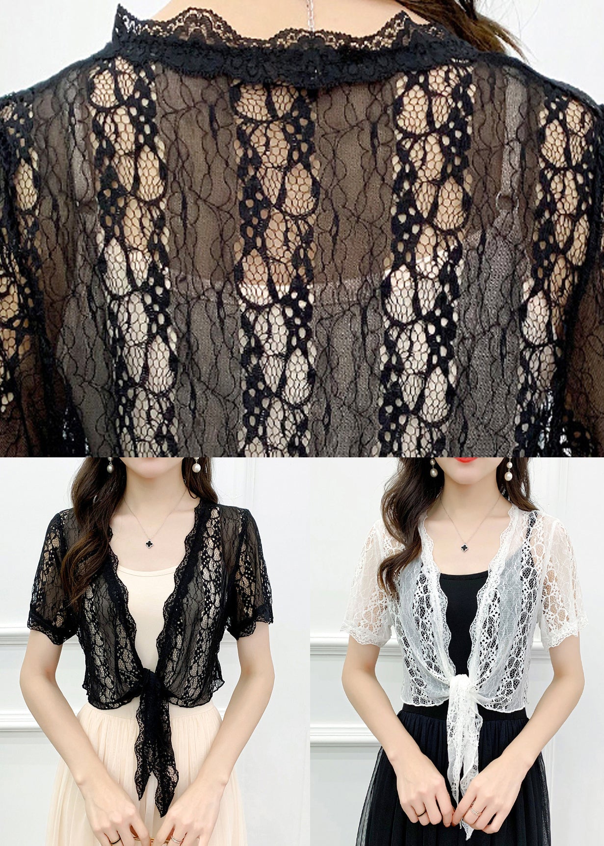 White Hollow Out Lace Cardigan V Neck Short Sleeve