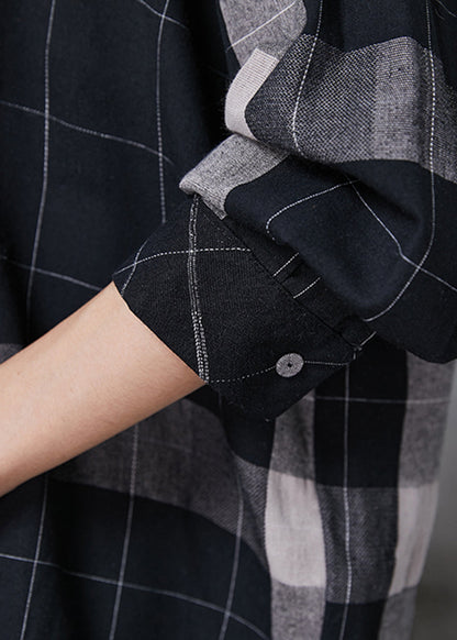 Black Oversized Plaid Cotton Shirt Tops Spring