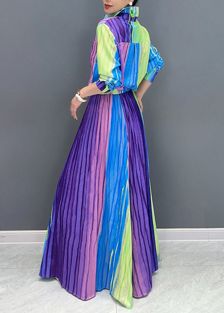 Gradient Color Striped Cotton Pleated Sets 2 Pieces Fall