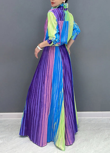 Gradient Color Striped Cotton Pleated Sets 2 Pieces Fall