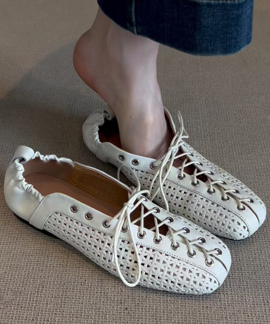 White Cowhide Leather Stylish Splicing Flat Feet Shoes Cross Strap