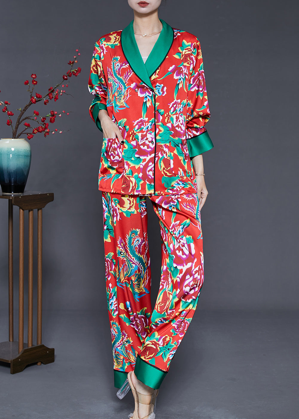 Red Peter Pan Collar Print Ice Silk Two Pieces Set Fall