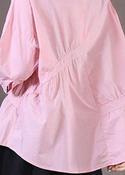 Pink O-neck Asymmetrical Wrinkled Cotton Shirts Half Sleeve
