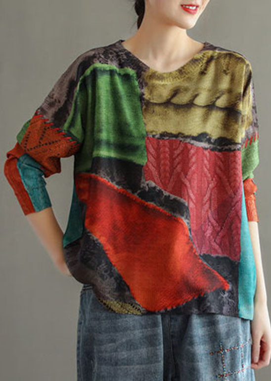 Colorblock O-neck Print Knit Tops Long Sleeve
