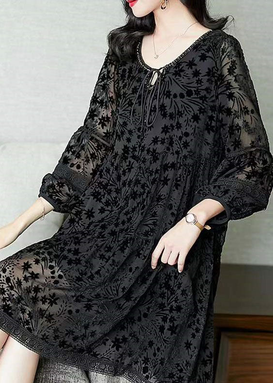 Black O-neck Velour Dresses Spring