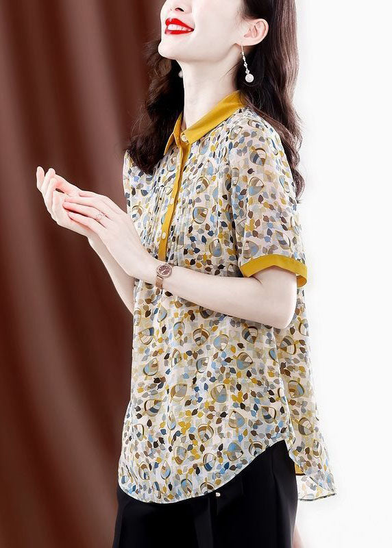 Yellow Peter Pan Collar Print Wrinkled Chiffon Blouses Summer