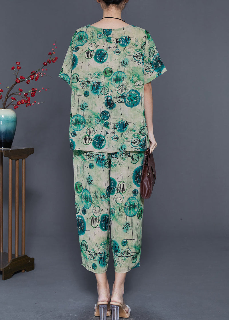 Green Oversized Print Linen Two Piece Set Summer