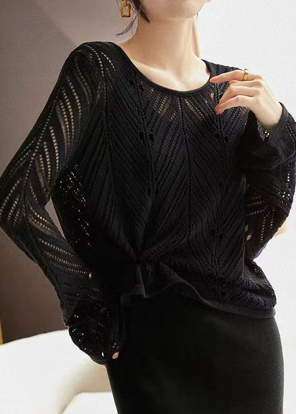 White O Neck Hollow Out Patchwork Knit Top Long Sleeve