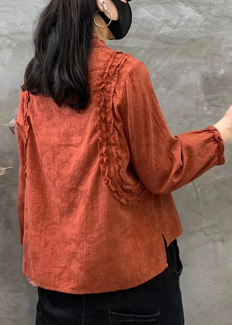 Orange O-neck Ruffled Patchwork Cotton Tops Fall