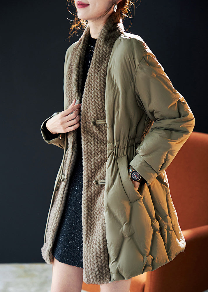 Green Chinese Button Patchwork Duck Down Puffers Jackets Winter