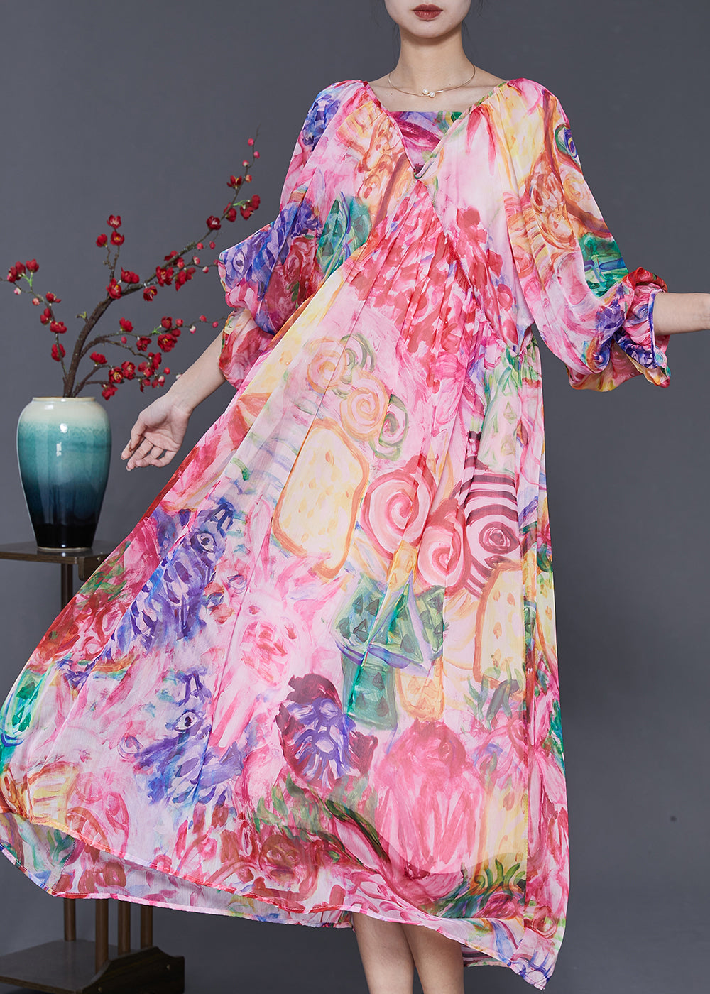 Pink Print Exra Large Hem Chiffon Dresses Lantern Sleeve Spring