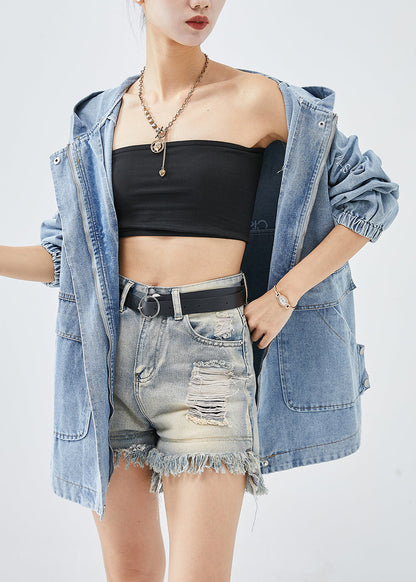 Diy Blue Hooded Letter Embroideried Denim Coat Fall