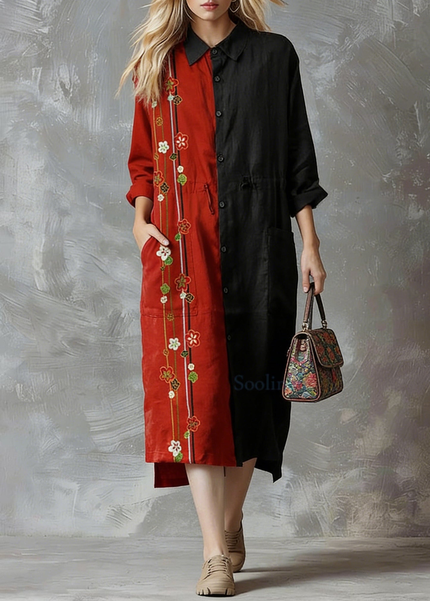 Red Flower Linen Shirt Dress Oversize Spring Maxi Dresses