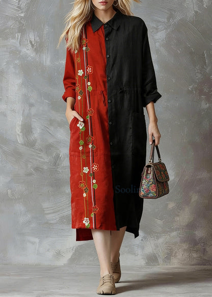 Red Flower Linen Shirt Dress Oversize Spring Maxi Dresses
