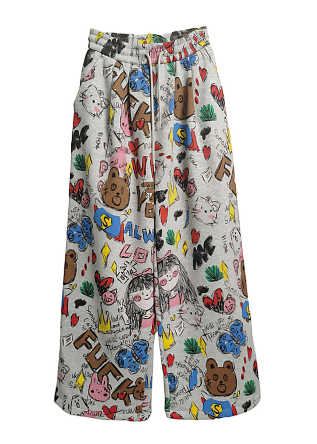 Grey Oversized Print Cotton Wide Leg Pants Spring