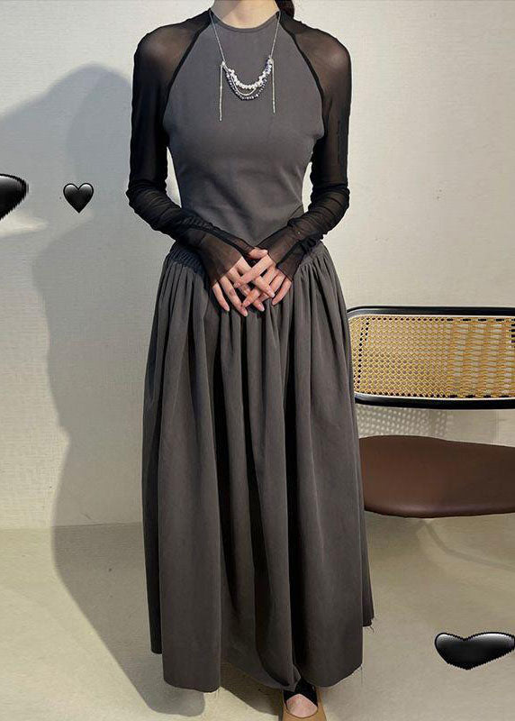Grey O-neck Wrinkled Tulle Patchwork Long Dress Long Sleeve