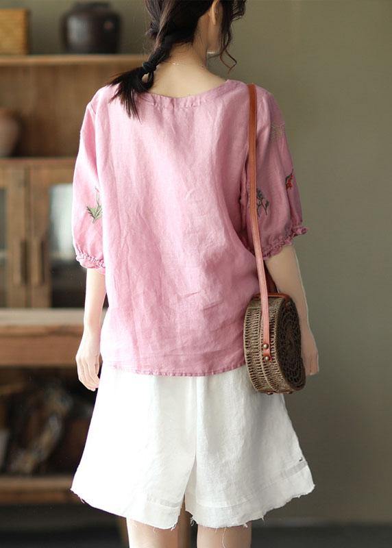Pink O-neck Embroideried Summer Ramie Blouses Half Sleeve