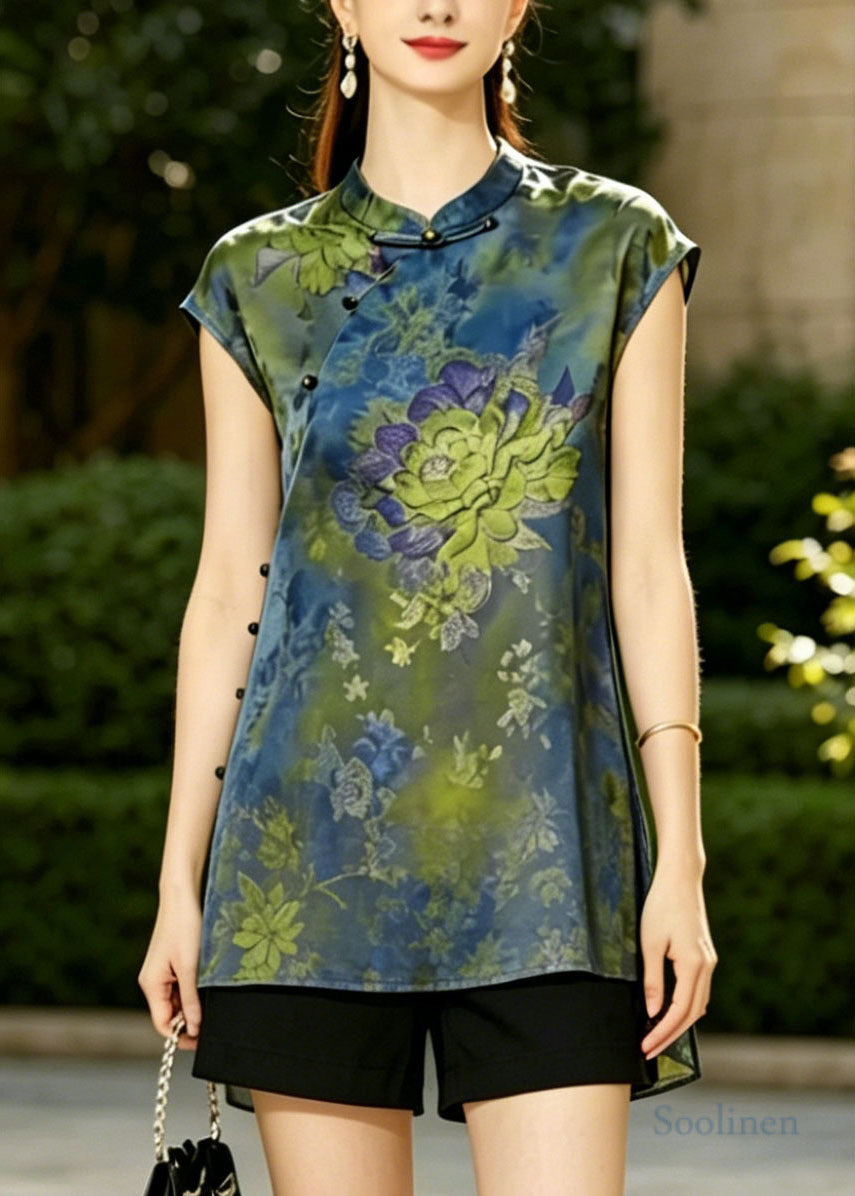 Blue Mandarin Collar Print Silk Vest Top Summer
