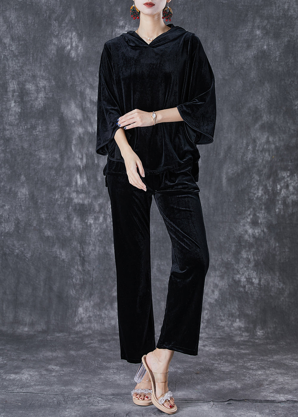 Black Tasseled Chinese Button Silk Velour Two Pieces Set Fall
