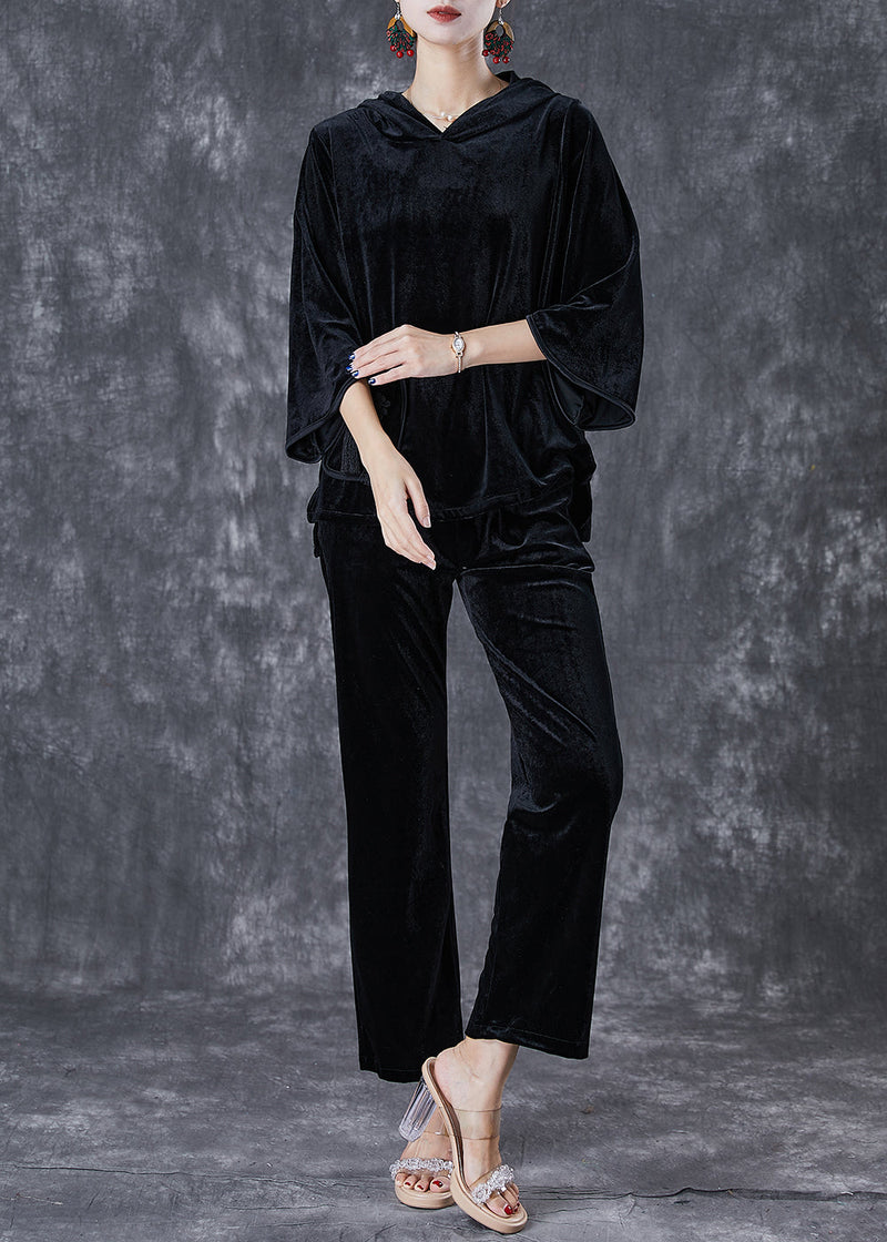 Black Tasseled Chinese Button Silk Velour Two Pieces Set Fall