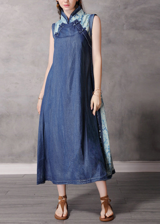 Blue Stand Collar Button Patchwork Long Denim Dress Sleeveless