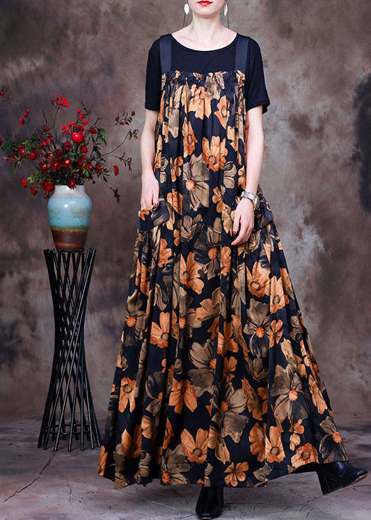 Yellow Wrinkled Print Silk Tanks and Strap Dress Two Piece Set Outfits Summer