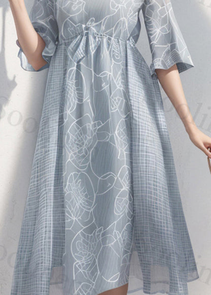 Loose Light Blue O Neck Print Wrinkled Silk Dress Summer