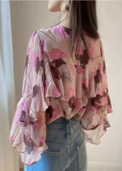 Pink Ruffled O-neck Print Patchwork Chiffon Shirt Long Sleeve