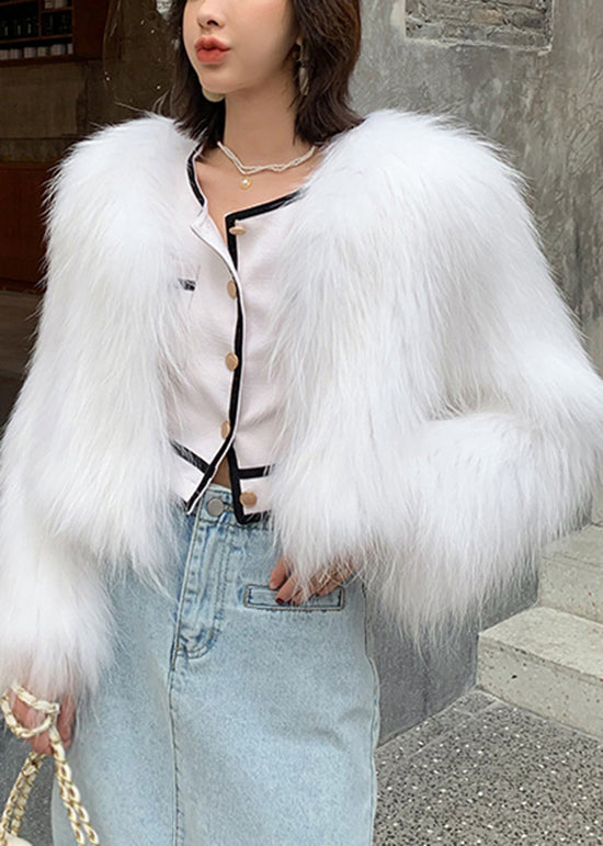 White V Neck Patchwork Faux Fur Coat Winter