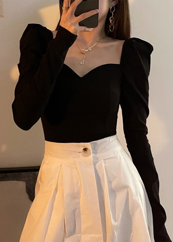 Slim Fit Black Asymmetrical Cotton T Shirt Long Sleeve