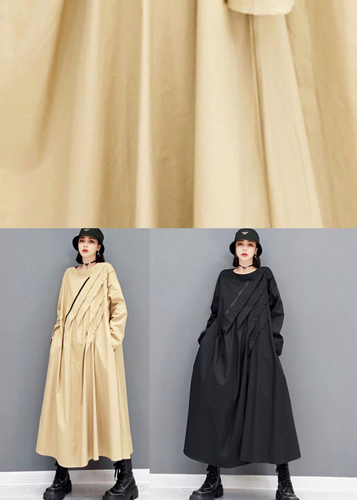 Black O-neck Pockets Robe Dresses Fall Long Sleeve