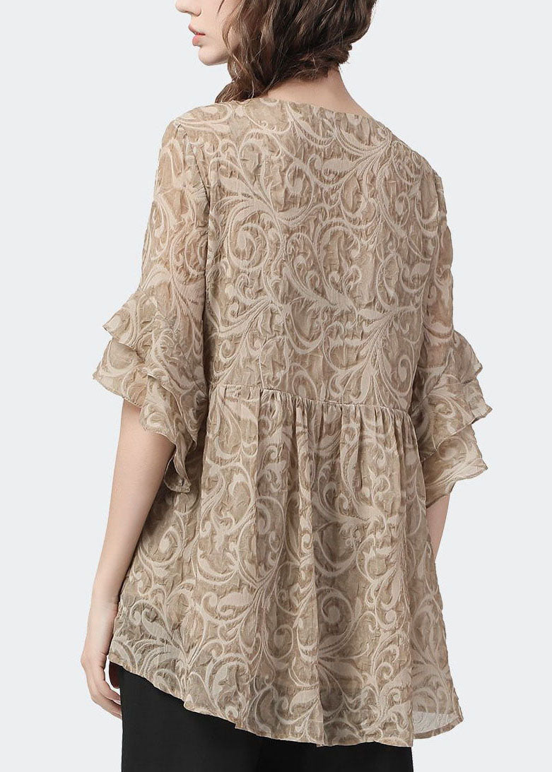 Khaki V Neck Lace Patchwork Wrinkled Tops Petal Sleeve