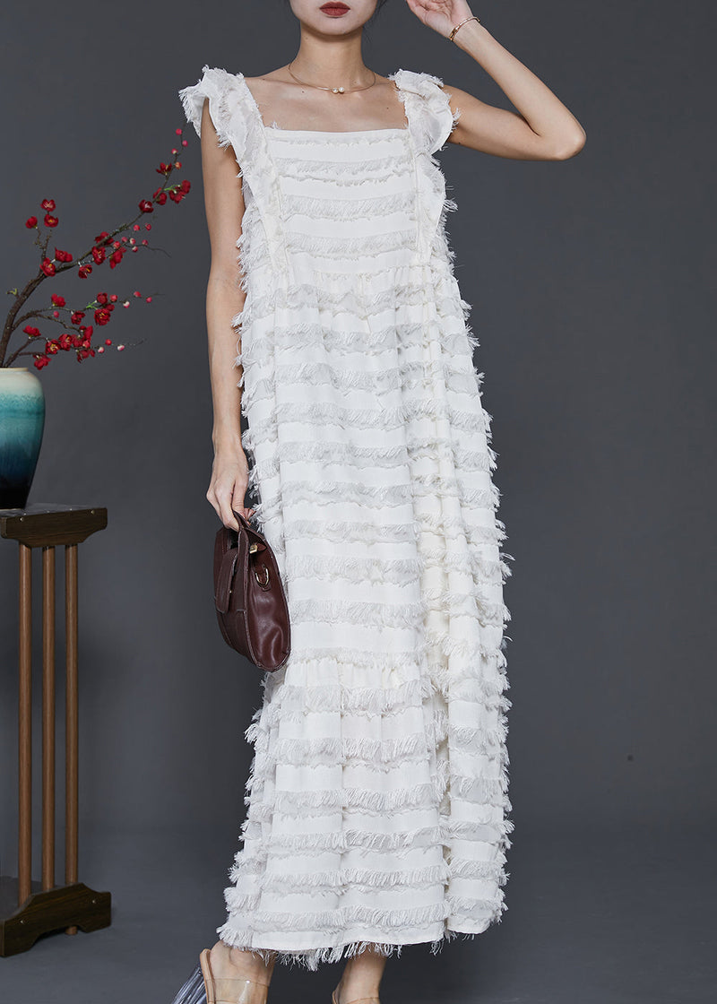 White Tasseled Cotton Summer Dresses Sleeveless