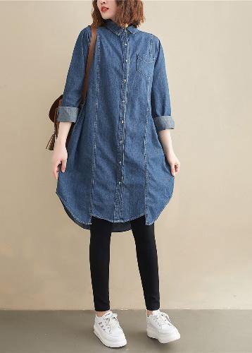 Lapel Patchwork Top Pattern Denim Blue Top