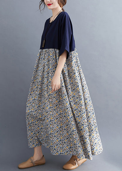 Navy O-neck Print Patchwork Maxi Dresses Half Sleeve