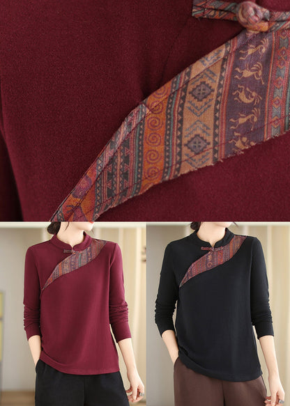 Purple Red Stand Collar Button Cotton Blouse Tops Fall