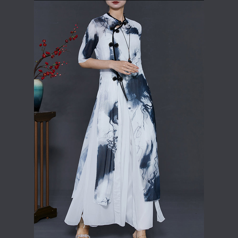 White Tie Dye Silm Fit Silk Oriental Two Piece Set Summer