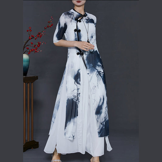 White Tie Dye Silm Fit Silk Oriental Two Piece Set Summer