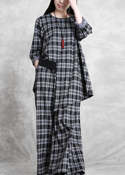 Handmade Black White Plaid O-neck Asymmetrical Top and Wide Leg Pants Two Pieces Set Spring