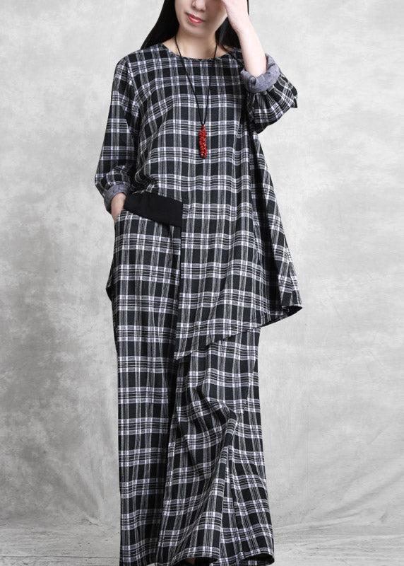 Handmade Black White Plaid O-neck Asymmetrical Top and Wide Leg Pants Two Pieces Set Spring