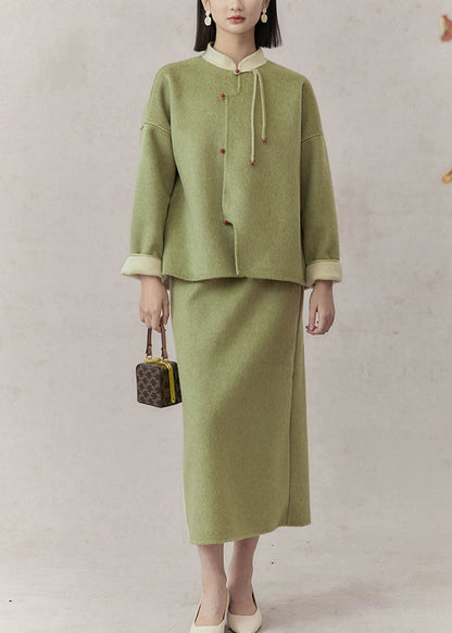Green Stand Collar Tasseled Patchwork Woolen Two Pieces Set Fall