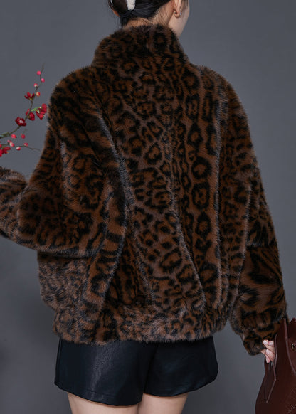 Brown Oversized Leopard Print Mink Velvet Jackets Spring